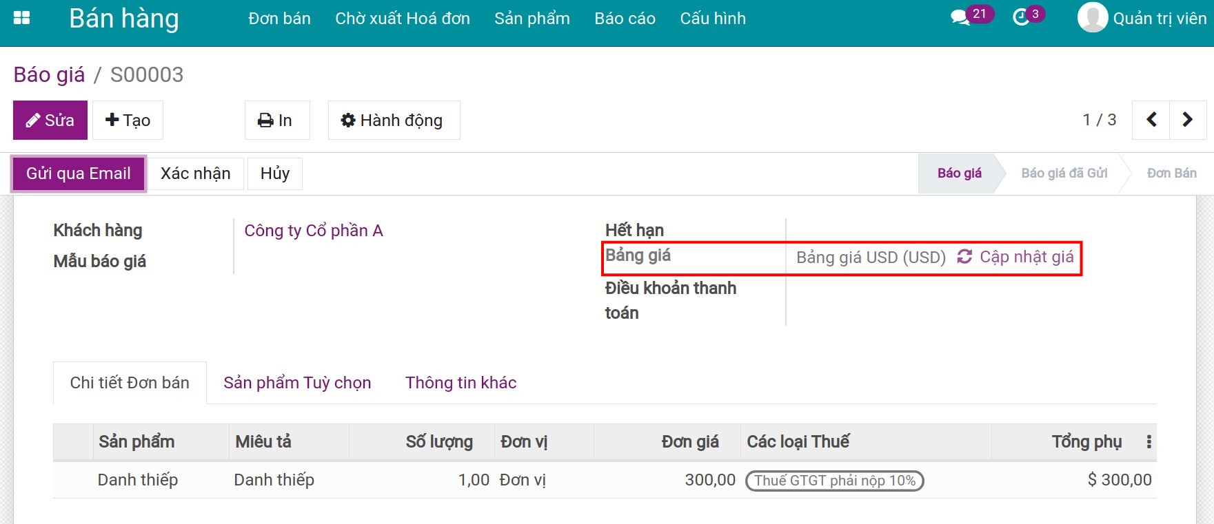 Giá được cập nhật trên đơn bán