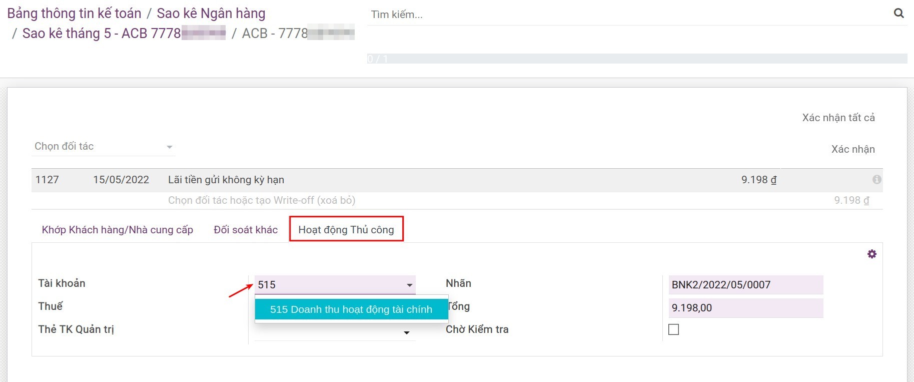 Chọn tài khoản ghi nhận lãi tiền gửi