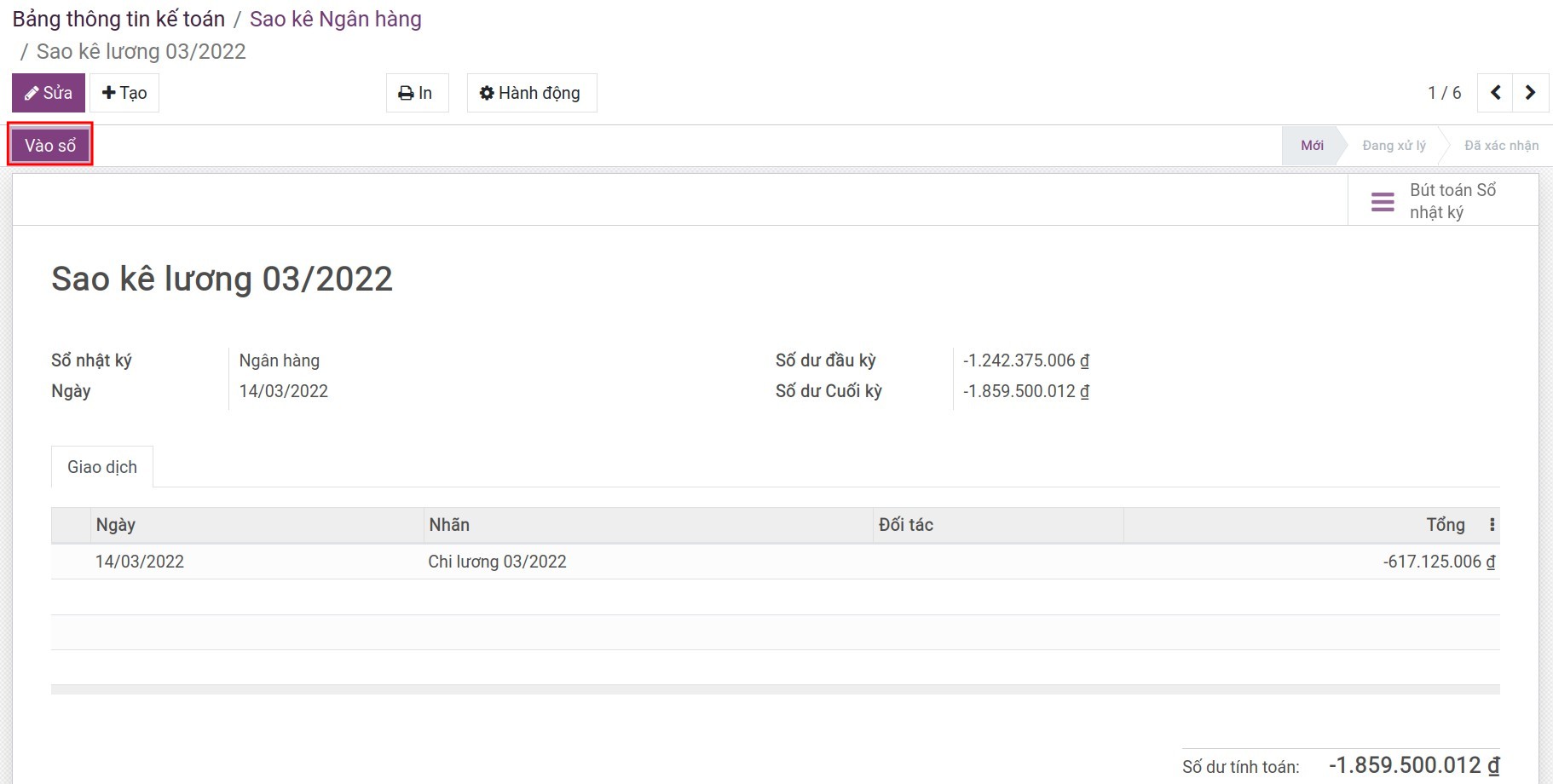 Sao kê thanh toán lương -Kế toán tiền lương Viindoo