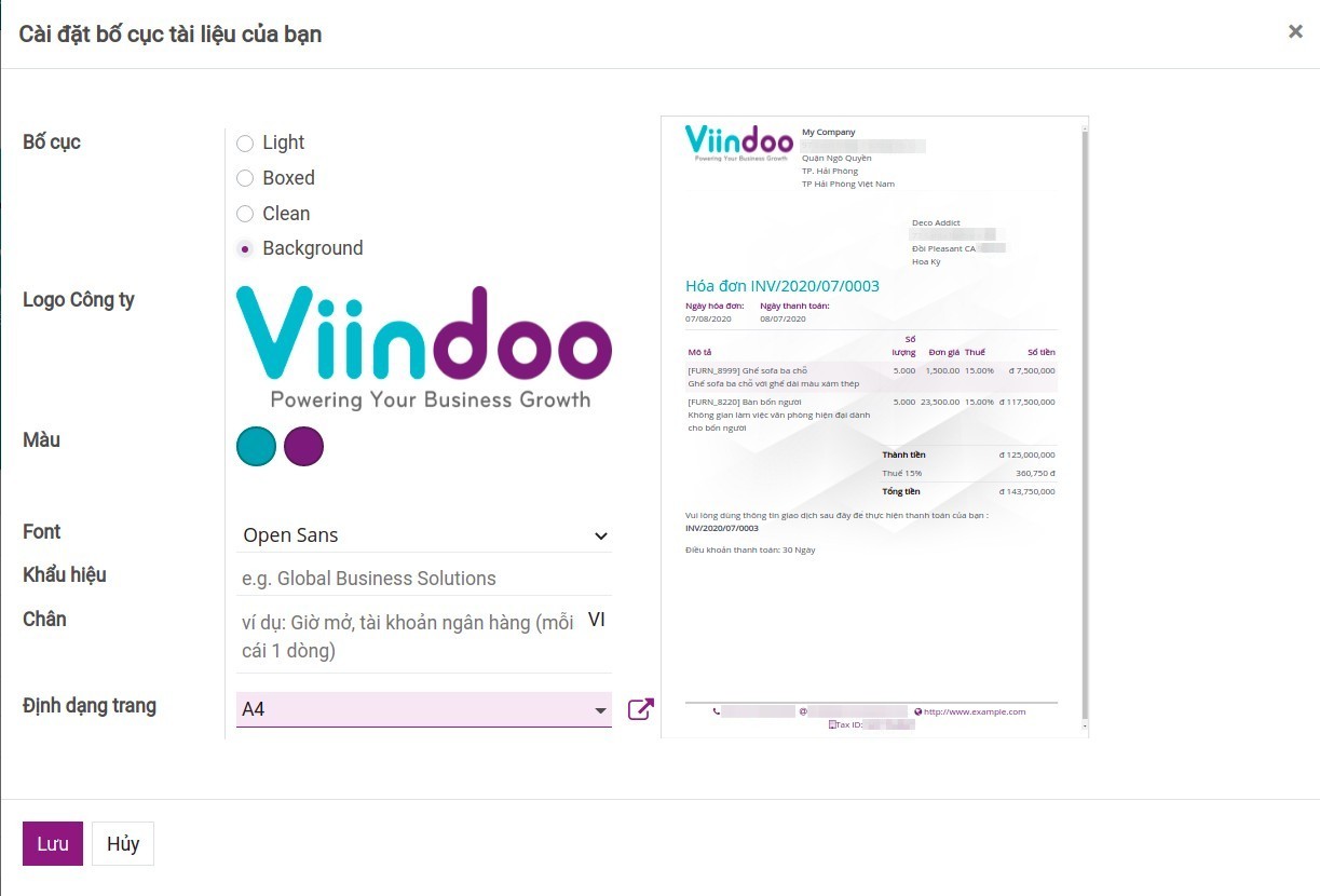 Thiết lập bố cục báo giá - Viindoo
