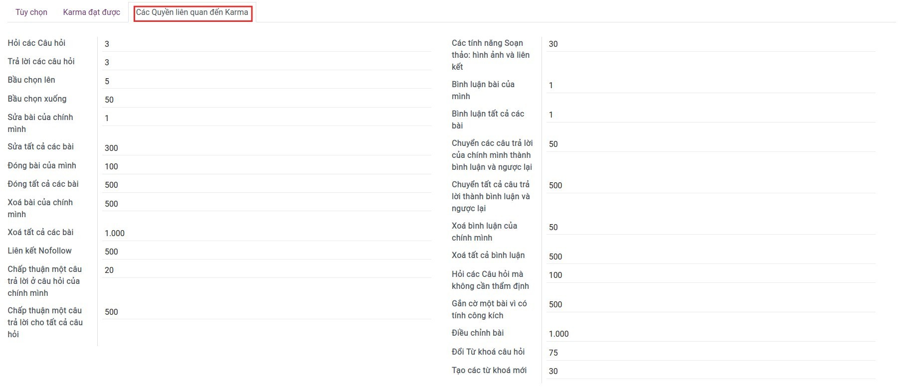 Thiết lập quyền Karma