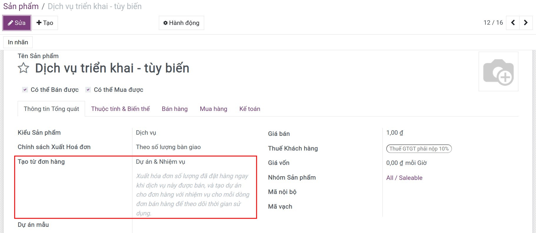 Cấu hình sản phảm trên đơn bán.