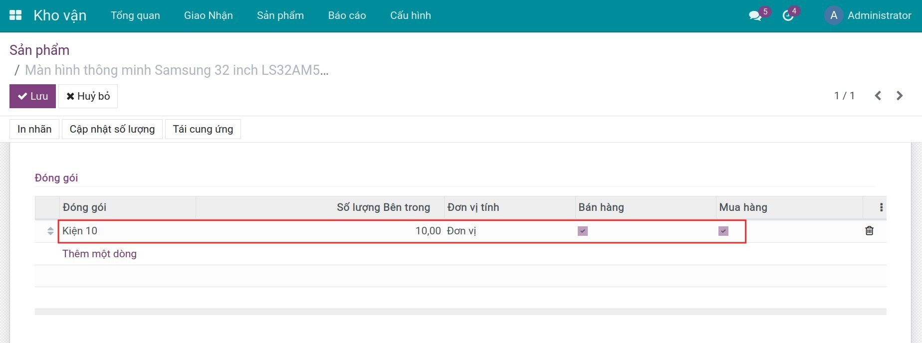 Điền thông tin số lượng sản phẩm trong kiểu đóng gói trên Phần mềm Quản lý kho của Viindoo