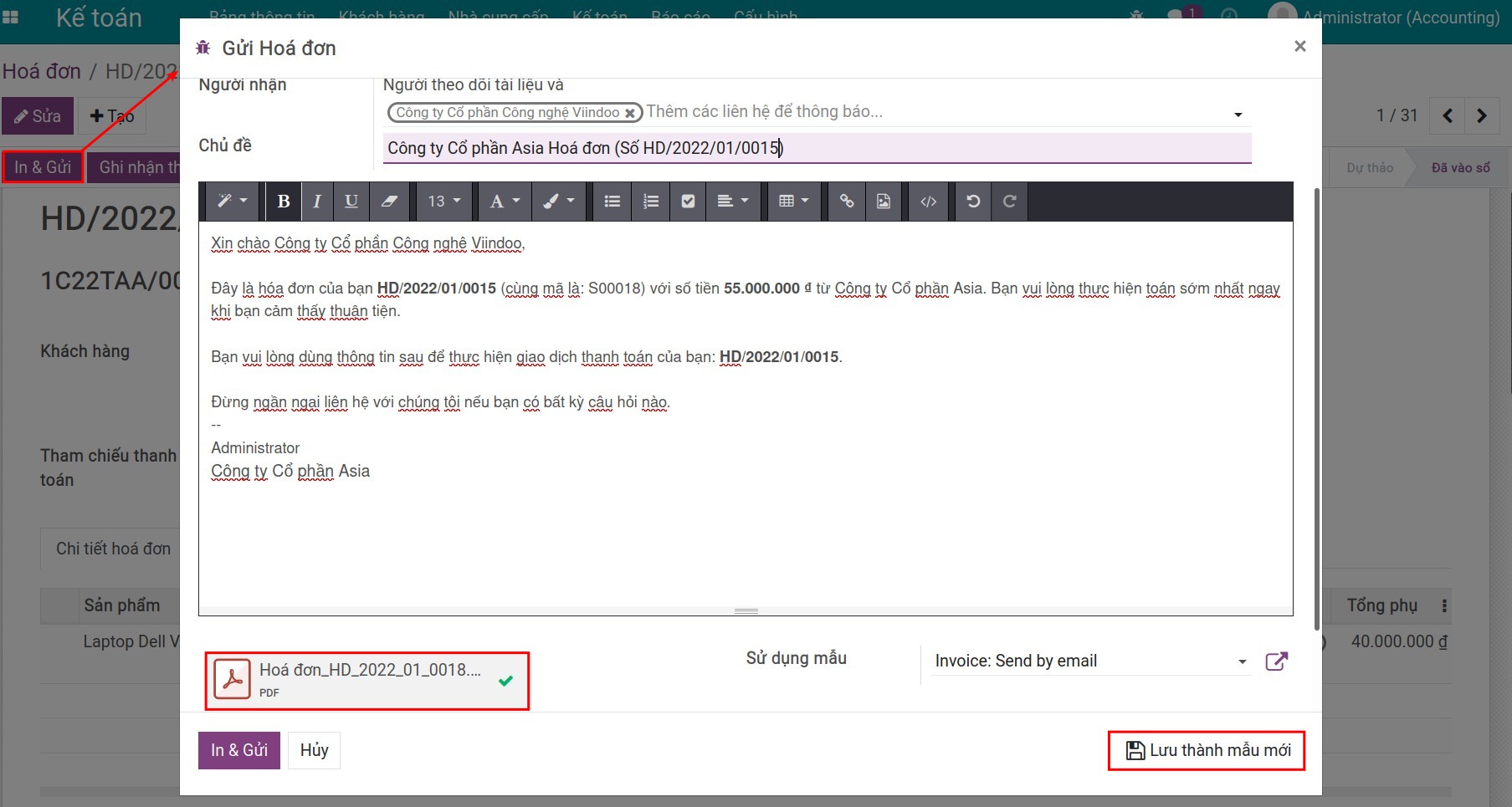 Gửi hóa đơn bán hàng qua email - Phần mềm kế toán Viindoo