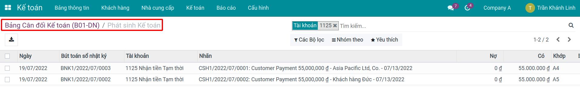 Hiển thị phát sinh kế toán được xem từ bảng cân đối kế toán