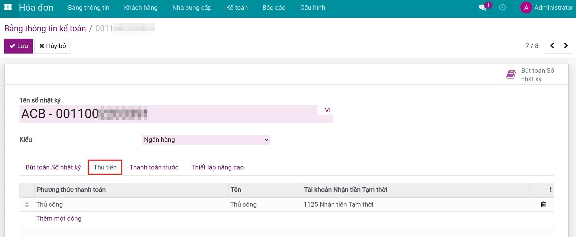 Cấu hình tab thanh toán thu tiền trên sổ nhật ký ngân hàng - Phần mềm kế toán Viindoo