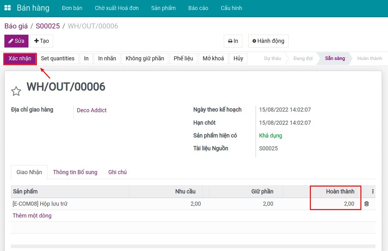 Xác nhận số lượng đã giao Invoice Viindoo