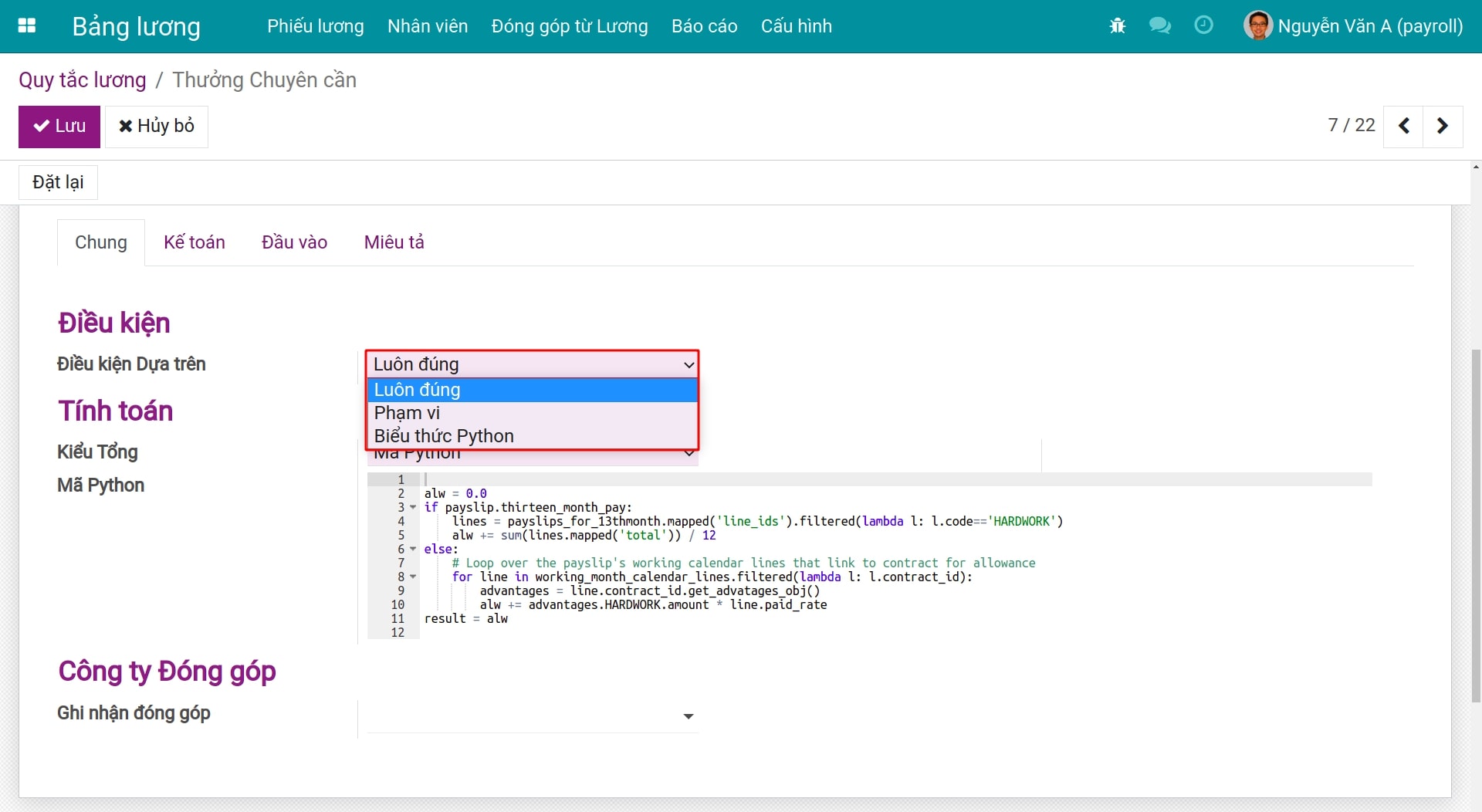 Các điều kiện tính toán cho quy tắc lương Bảng lương Viindoo