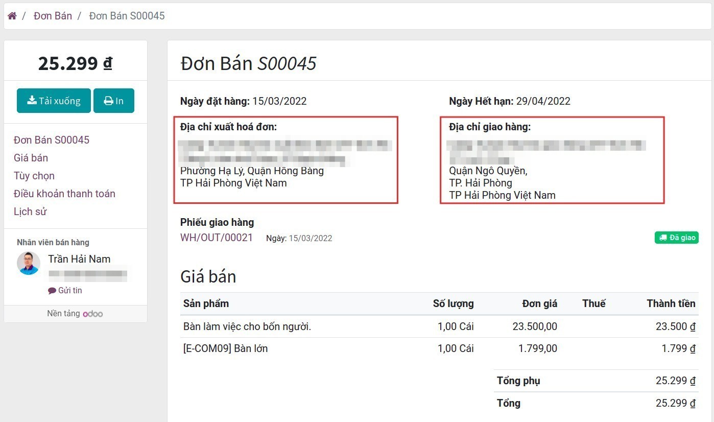 Hiển thị các loại đại chỉ trên phiếu giao hàng và hóa đơn Viindoo