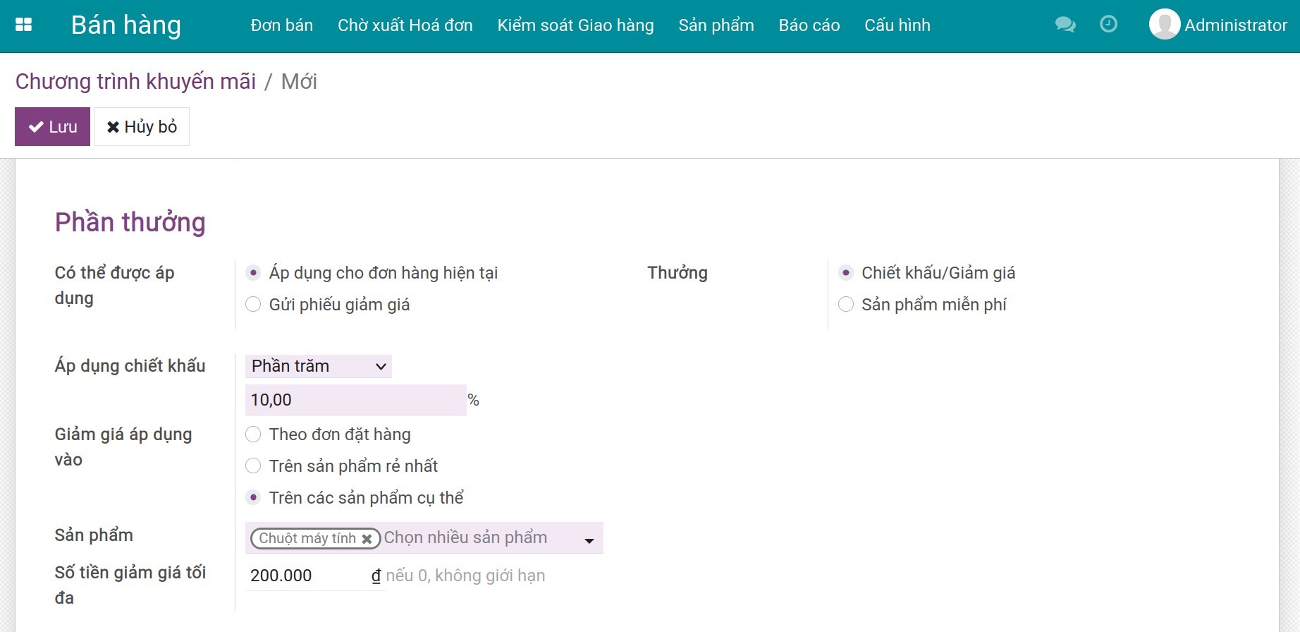 Thiết lập phần thưởng của chương trình khuyến mãi
