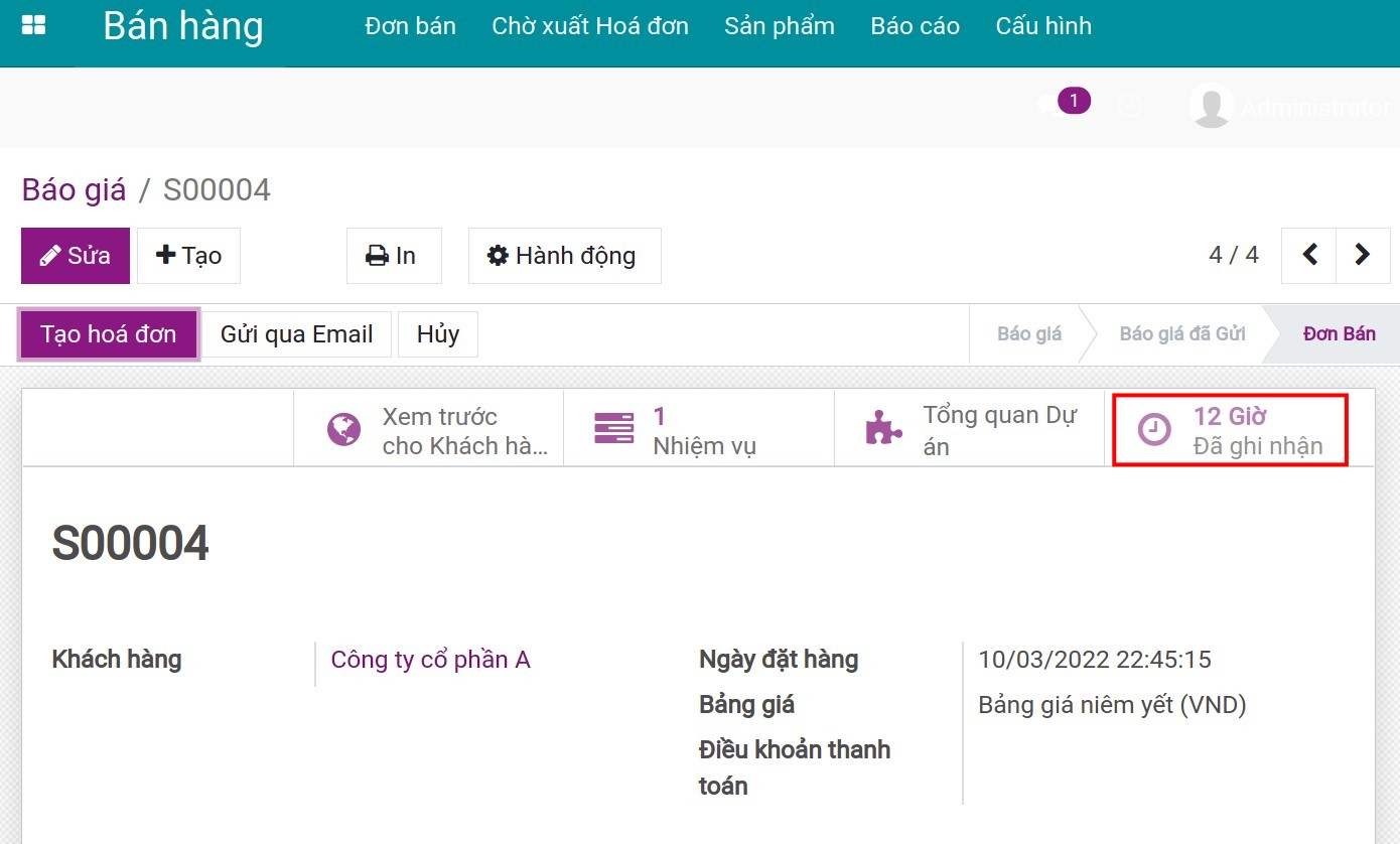 Số giờ hiển thị trên đơn bán Viindoo.