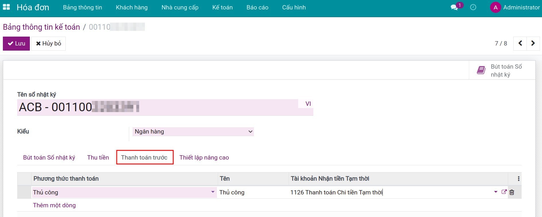 Cấu hình tab thanh toán chi tiền trên sổ nhật ký ngân hàng - Phần mềm kế toán Viindoo