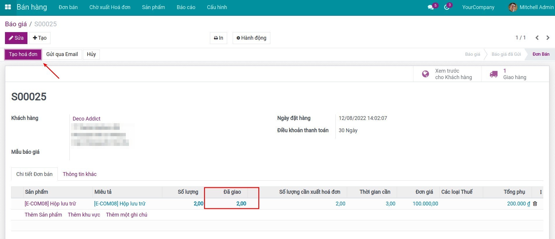 Tạo hóa đơn theo số lượng đã giao Invoice Viindoo