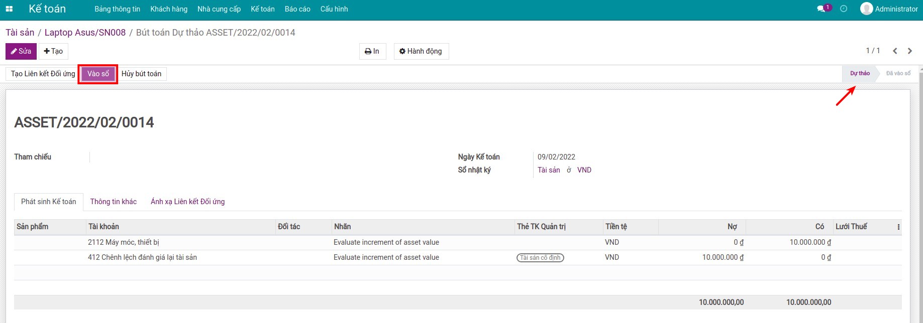 Bút toán kế toán hạch toán tài sản được đánh giá lại