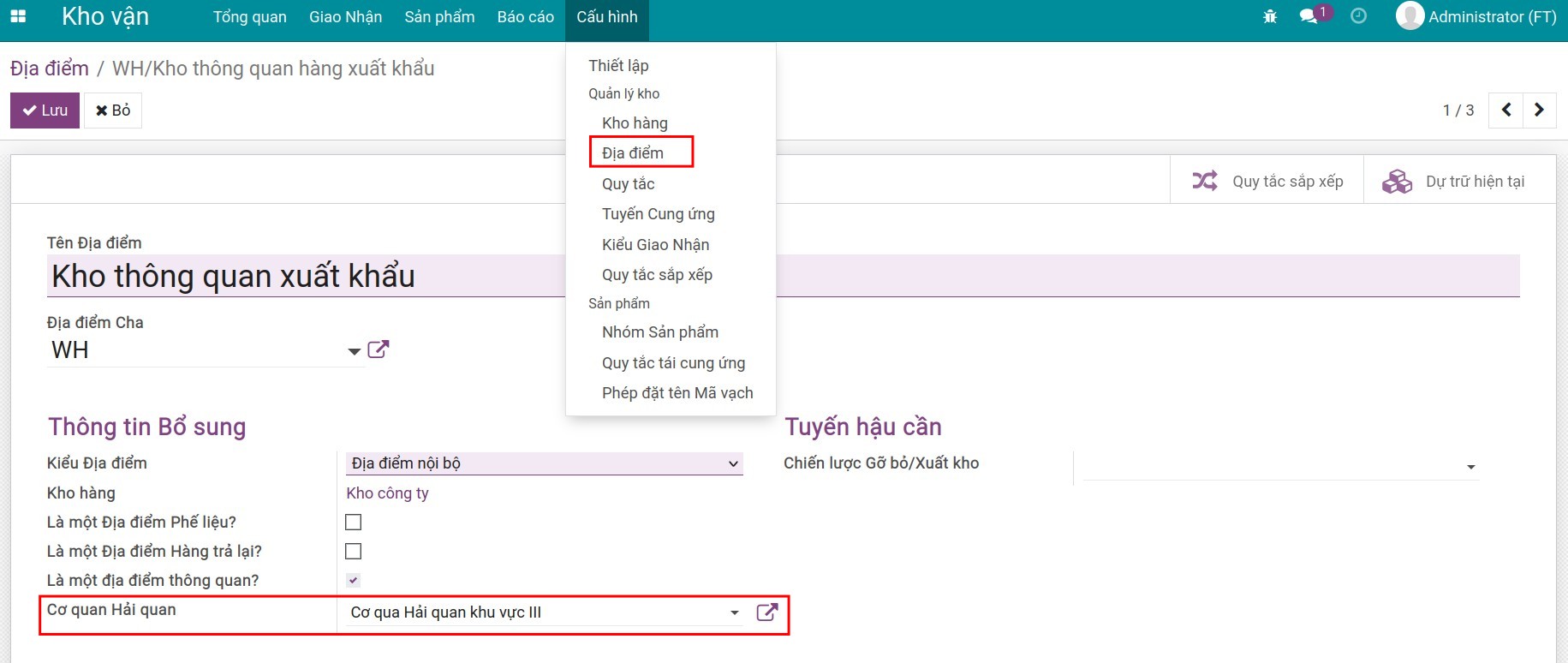 Cấu hình mặc định cơ quan hải quan Viindoo