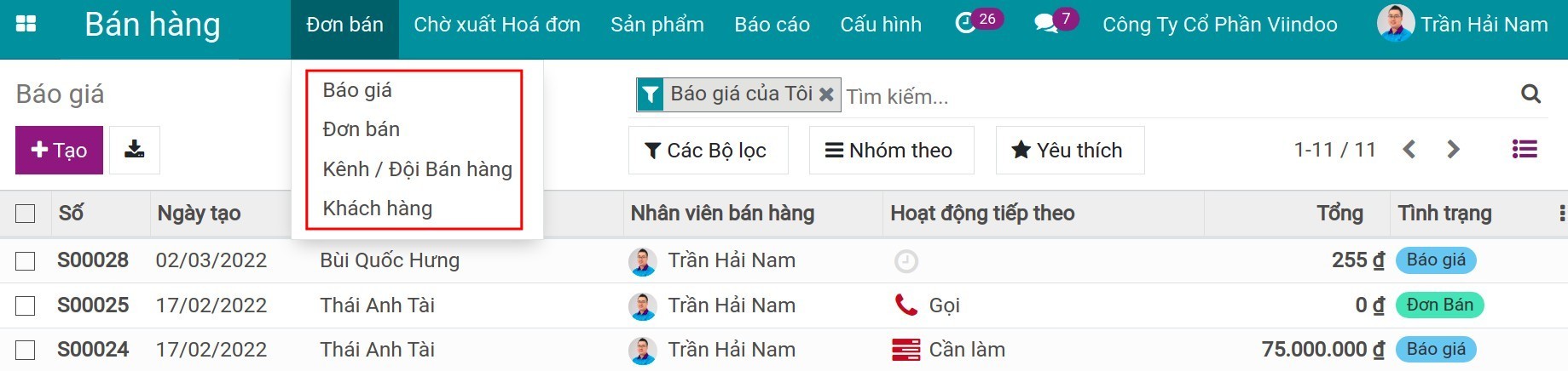 Đơn bán trong ứng dụng bán hàng - Viindoo