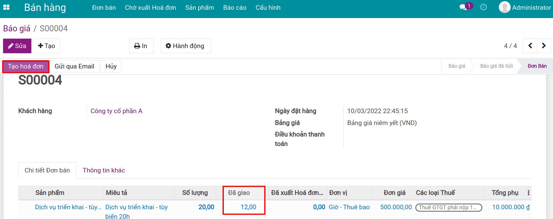 Tổng hợp số giờ trên dòng chi tiết của đơn bán Viindoo