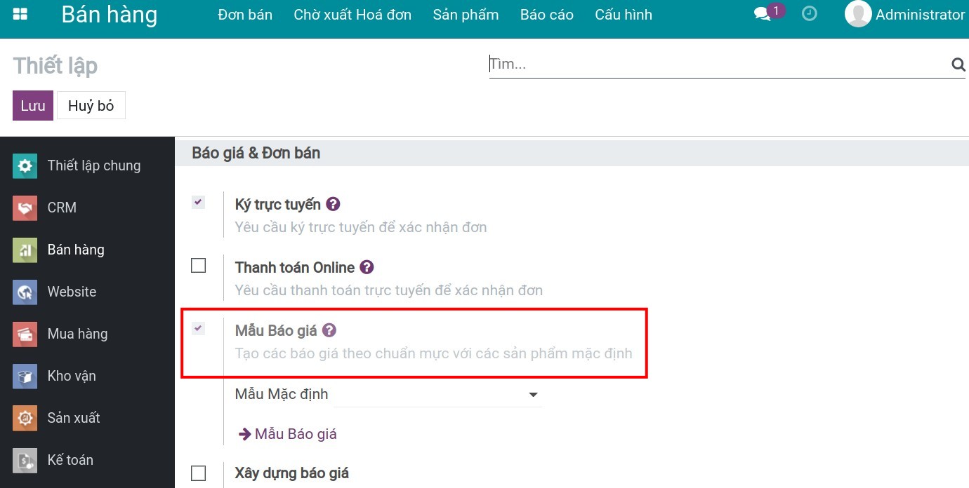 Kích hoạt mẫu báo giá trên Viindoo