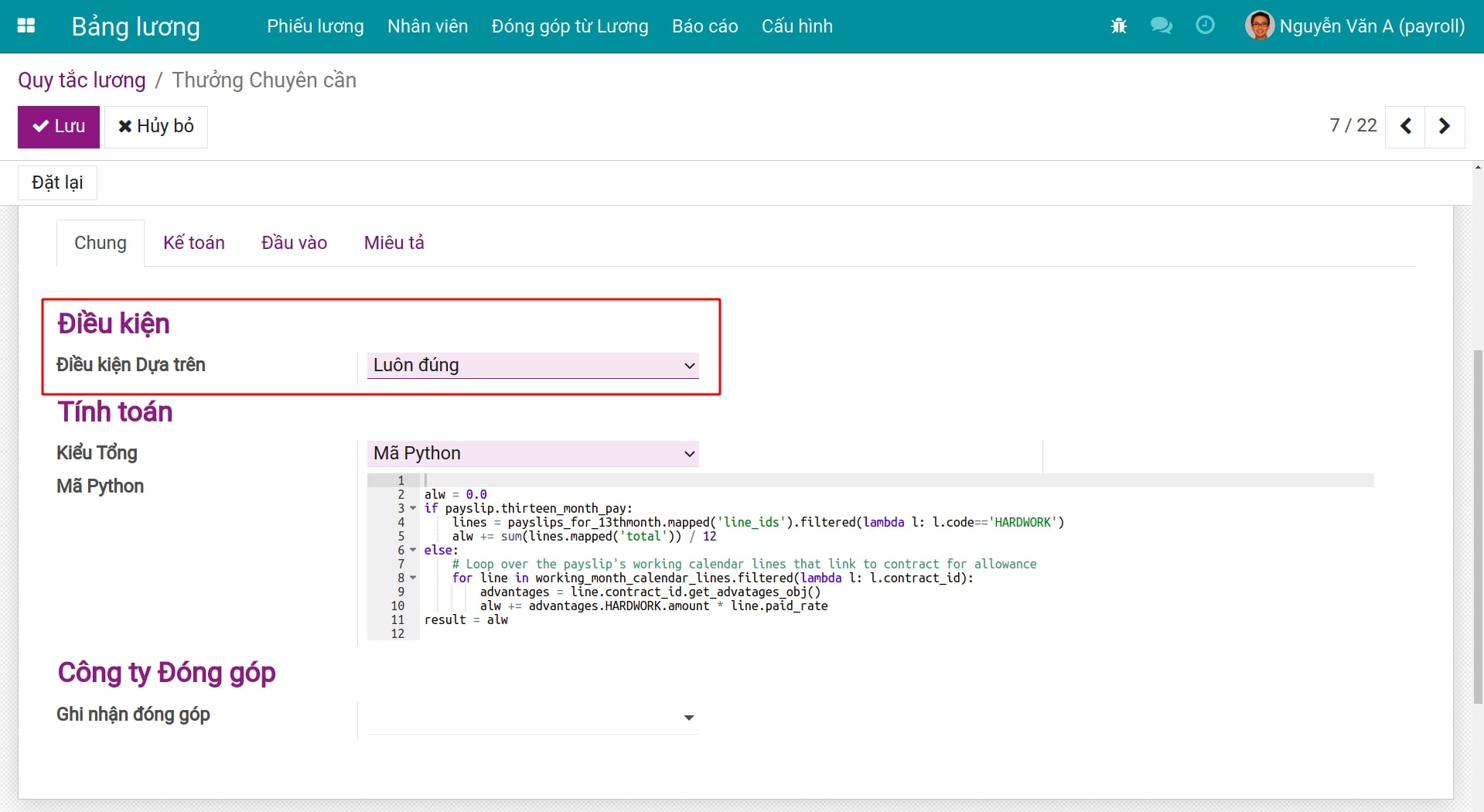 Kiểu điều kiện tính toán Luôn đúng Quy tắc lương Bảng lương Viindoo