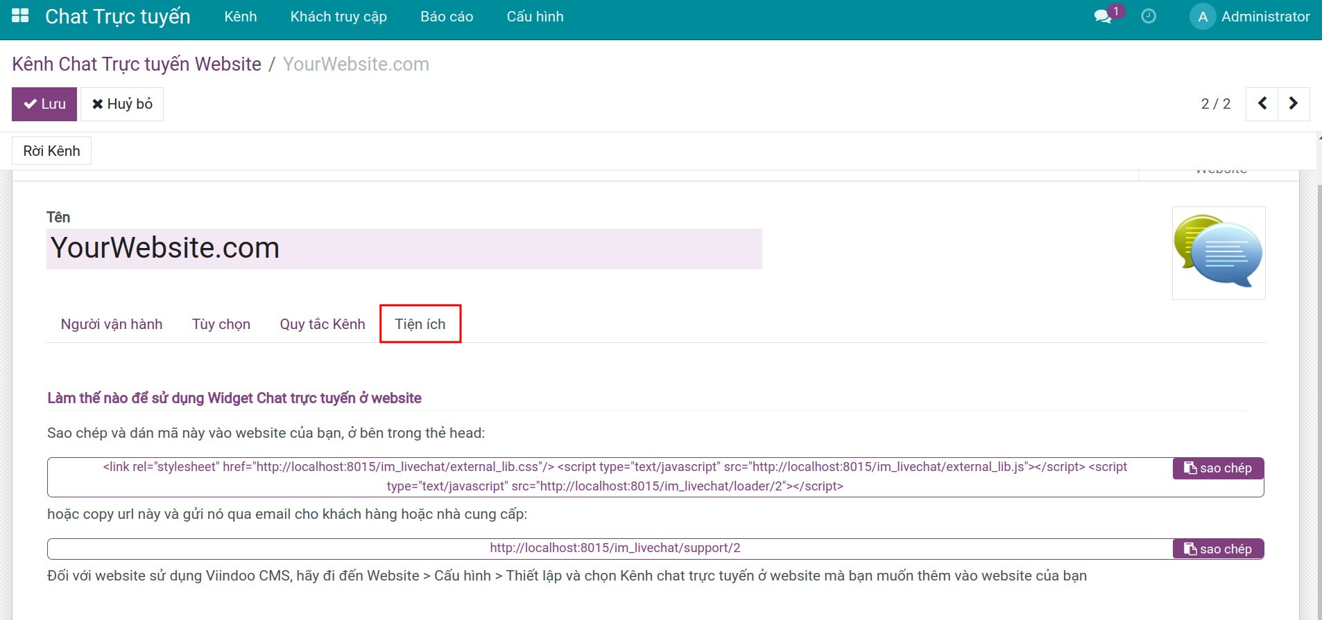 Thiết lập thông tin widget