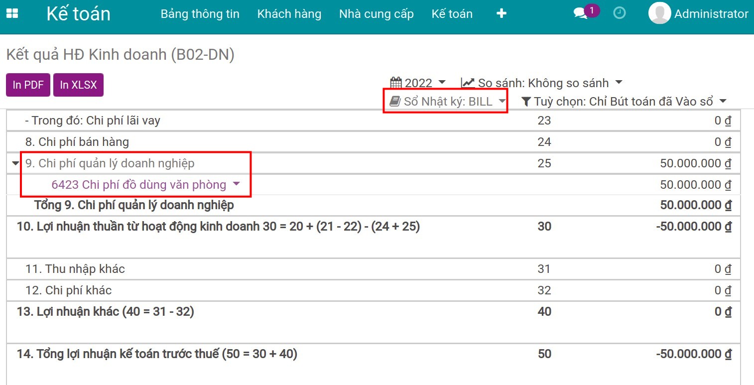 Lựa chọn xem báo cáo theo từng sổ nhật ký trên báo cáo
