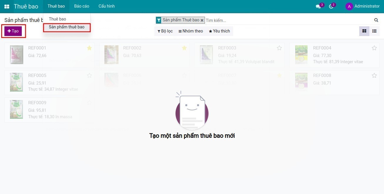 Truy cập menu sản phẩm thuê bao