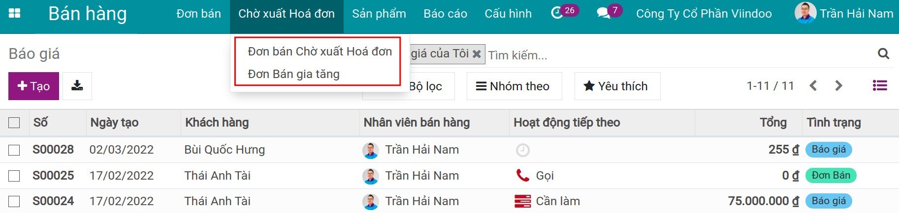 Chờ xuất hóa đơn trong ứng dụng bán hàng - Viindoo