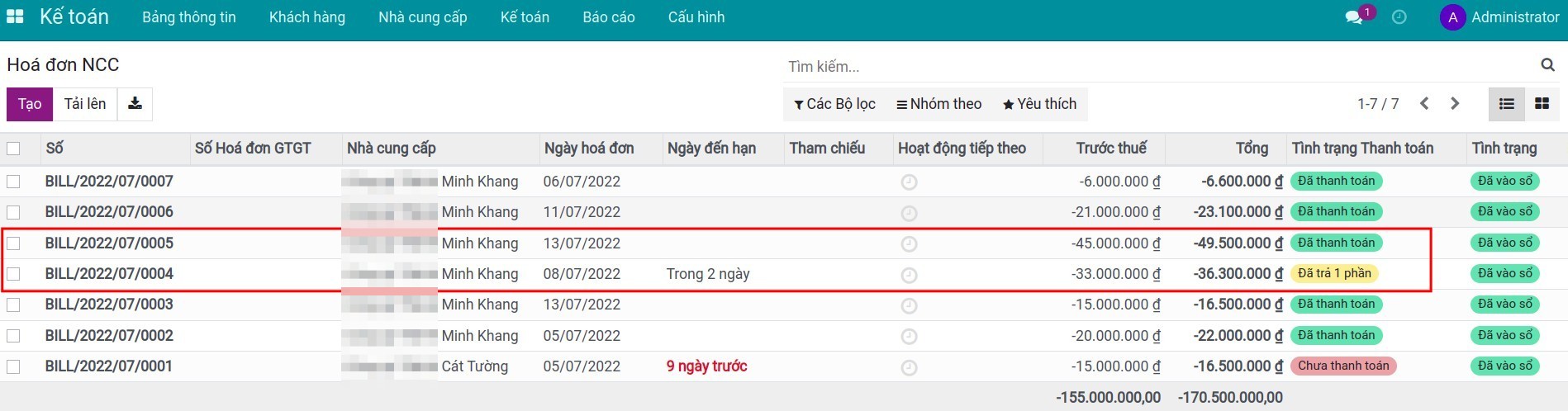 Hiển thị tình trạng thanh toán của hóa đơn