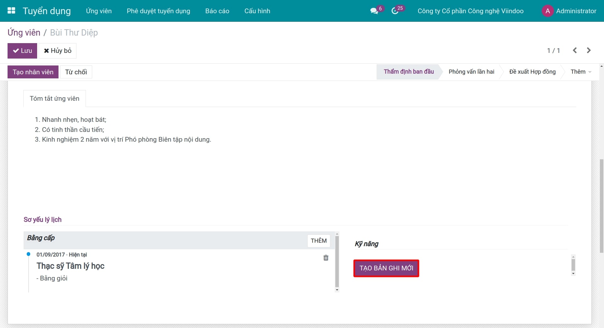 Tạo bản ghi mới cho kỹ năng