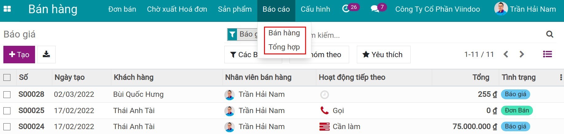 Báo cáo trong ứng dụng bán hàng - Viindoo