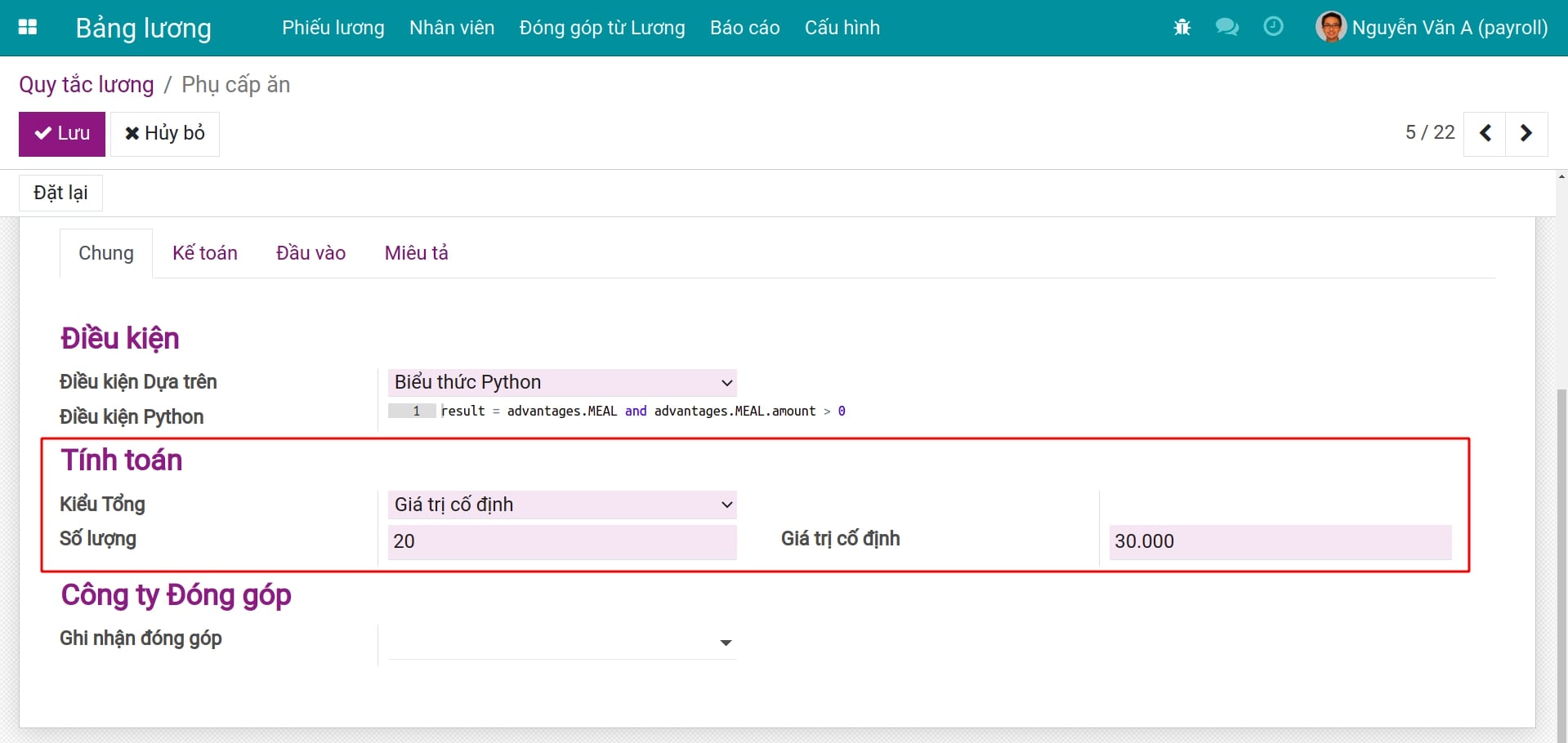 Kiểu công thức tính toán Giá trị Cố định Quy tắc lương Bảng lương Viindoo
