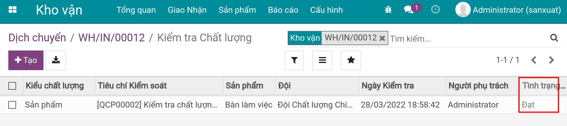 Kết quả kiểm tra chất lượng.