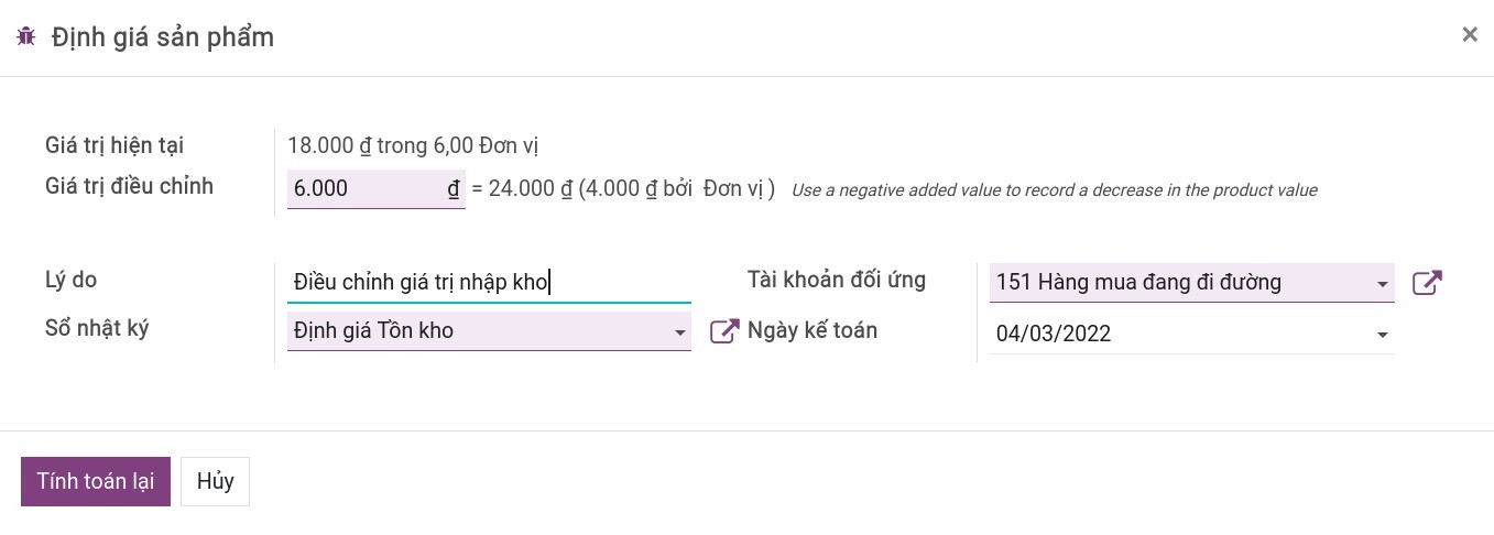 Điều chỉnh giá trị hàng tồn kho Viindoo