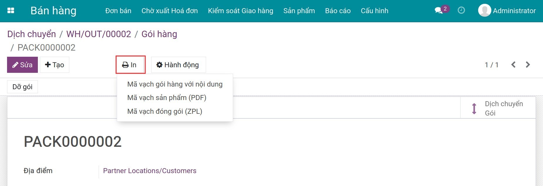 In mã vạch gói hàng trong Phần mềm quản lý kho của Viindoo