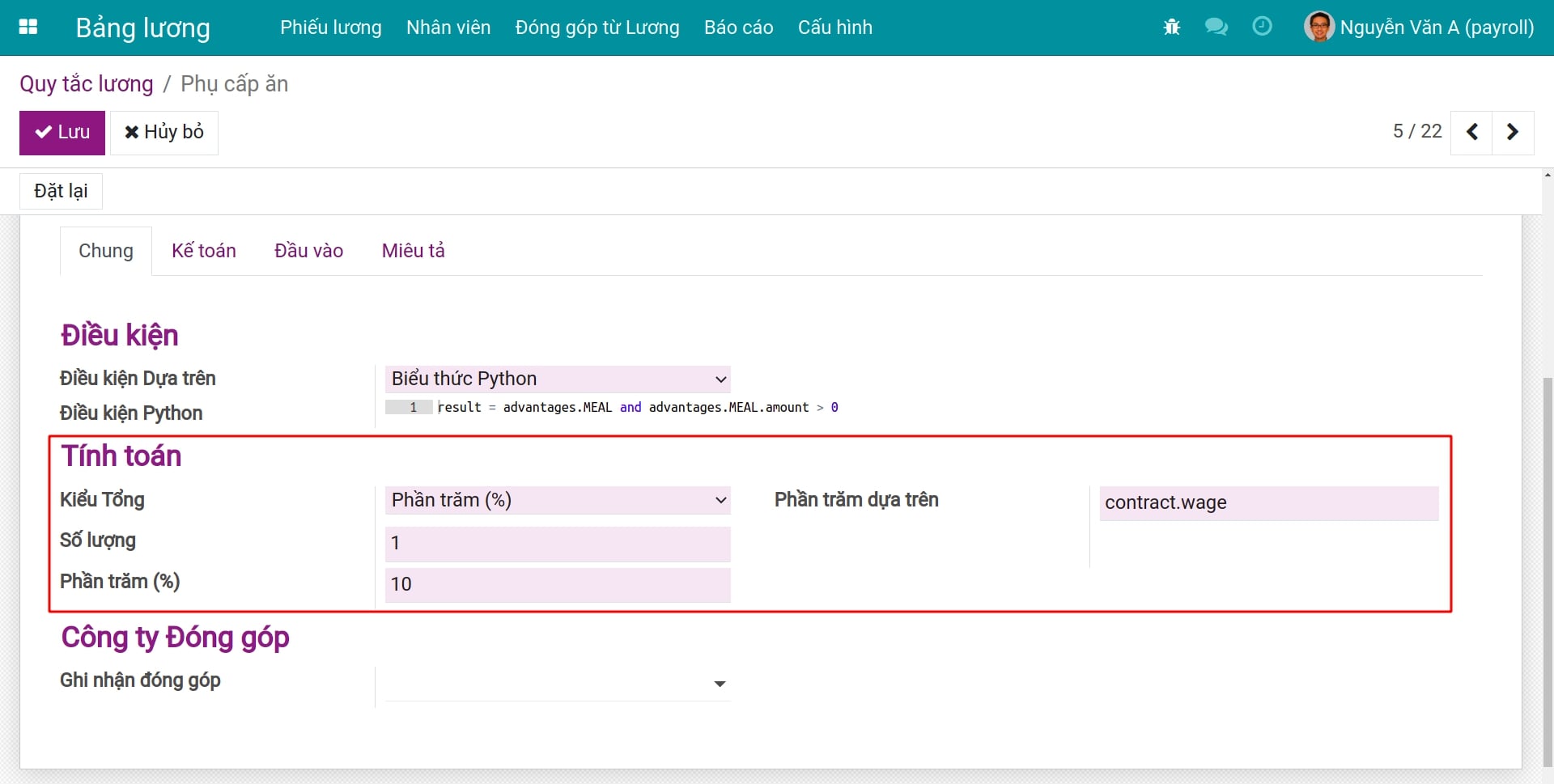 Kiểu công thức tính toán Phần trăm Quy tắc lương Bảng lương Viindoo