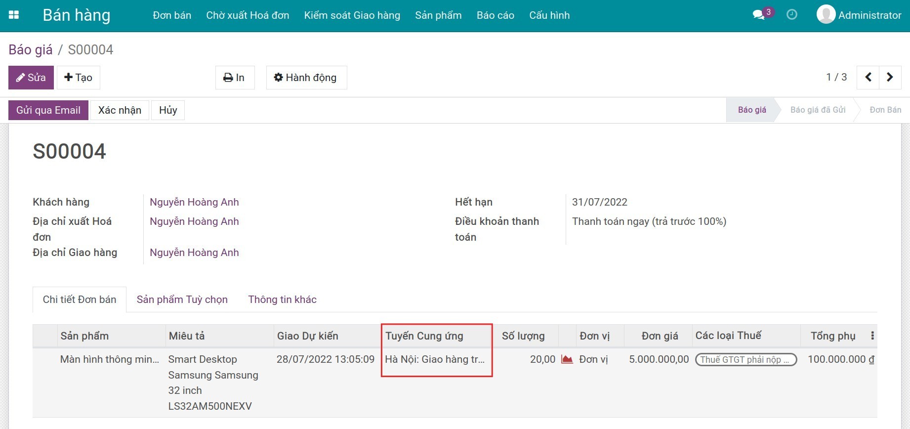Cấu hình tuyến trên báo giá Kho vận Viindoo