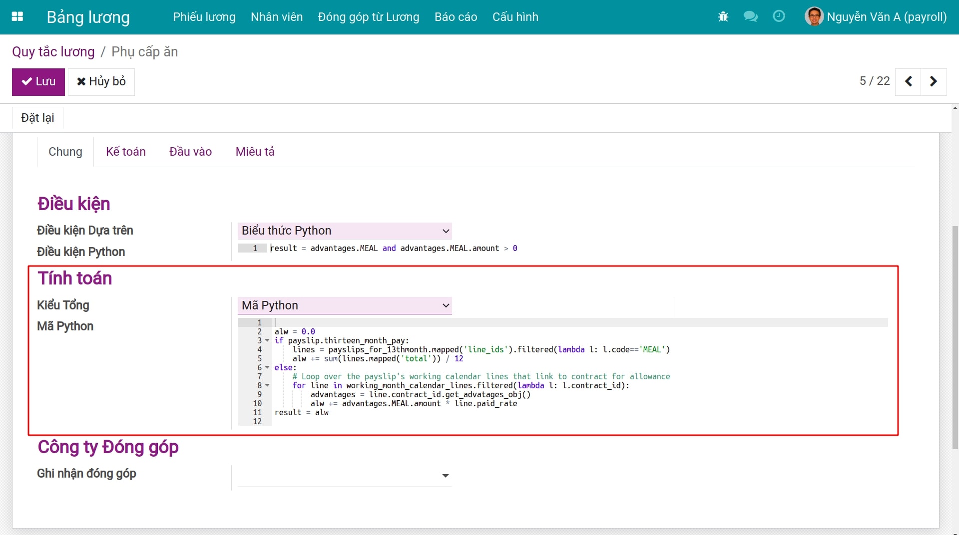 Kiểu công thức tính toán Mã Python Quy tắc lương Bảng lương Viindoo