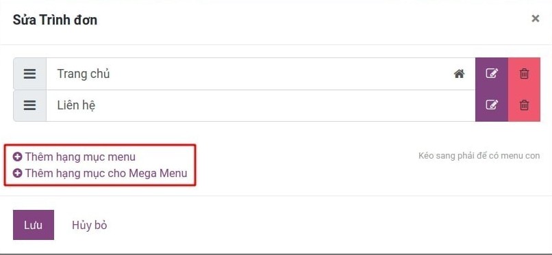 Thêm hạng mục menu và mega menu