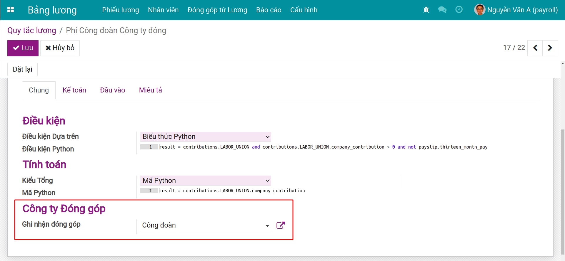 Ghi nhận đóng góp cho bên thứ ba cho phiếu lương Bảng lương Viindoo