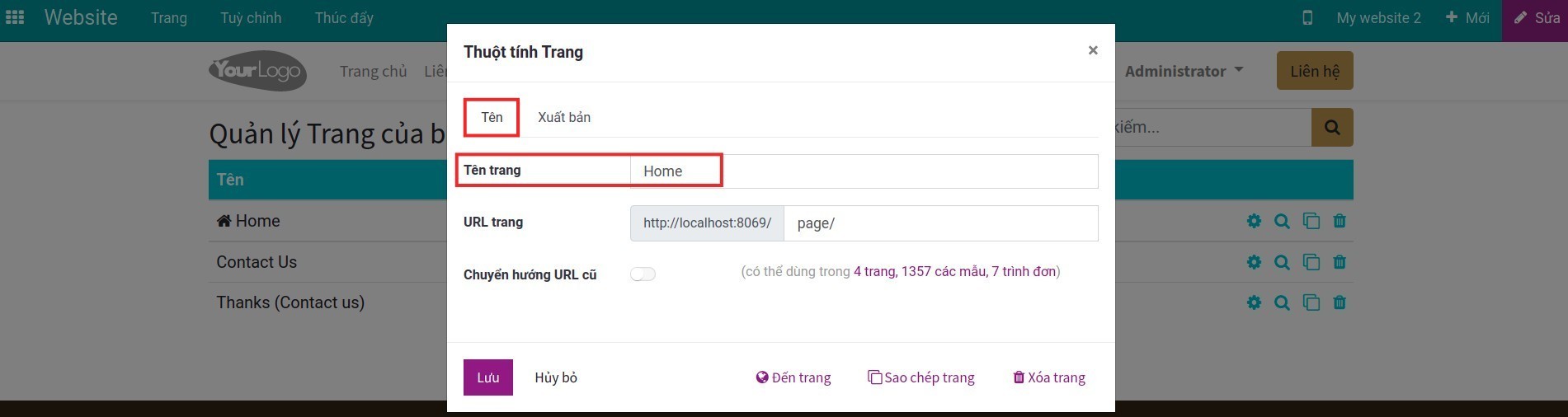 Thiết lập xuất bản trong thuộc tính trang