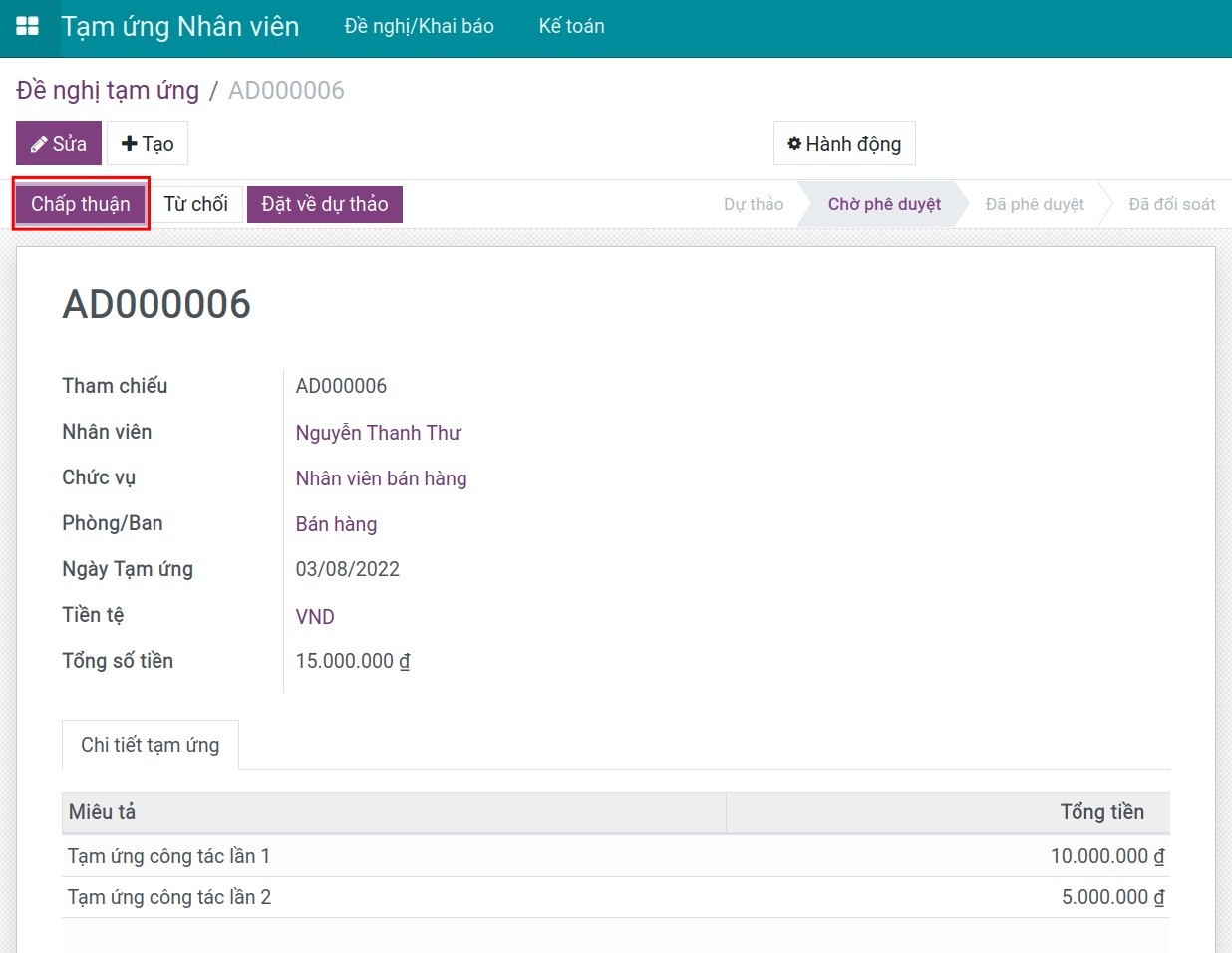 Bấm chấp thuận phiếu đề nghị