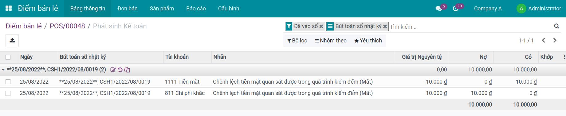 Bút toán chênh lệch Viindoo PoS