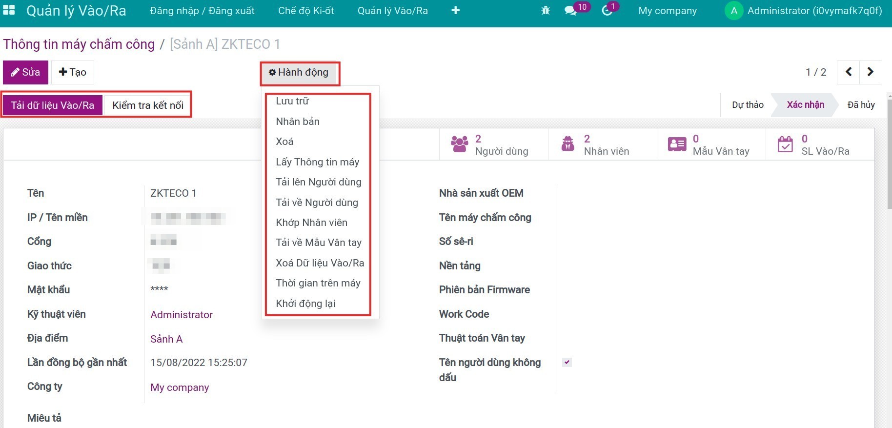 Các nút trên giao diện thông tin thiết bị chấm công