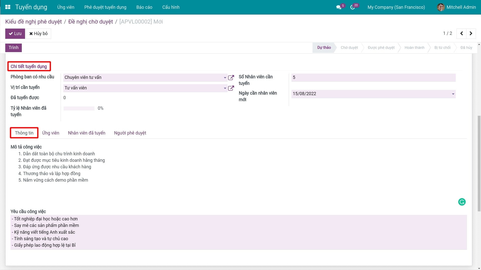 Giao diện Tạo đề nghị phê duyệt và tab Thông tin