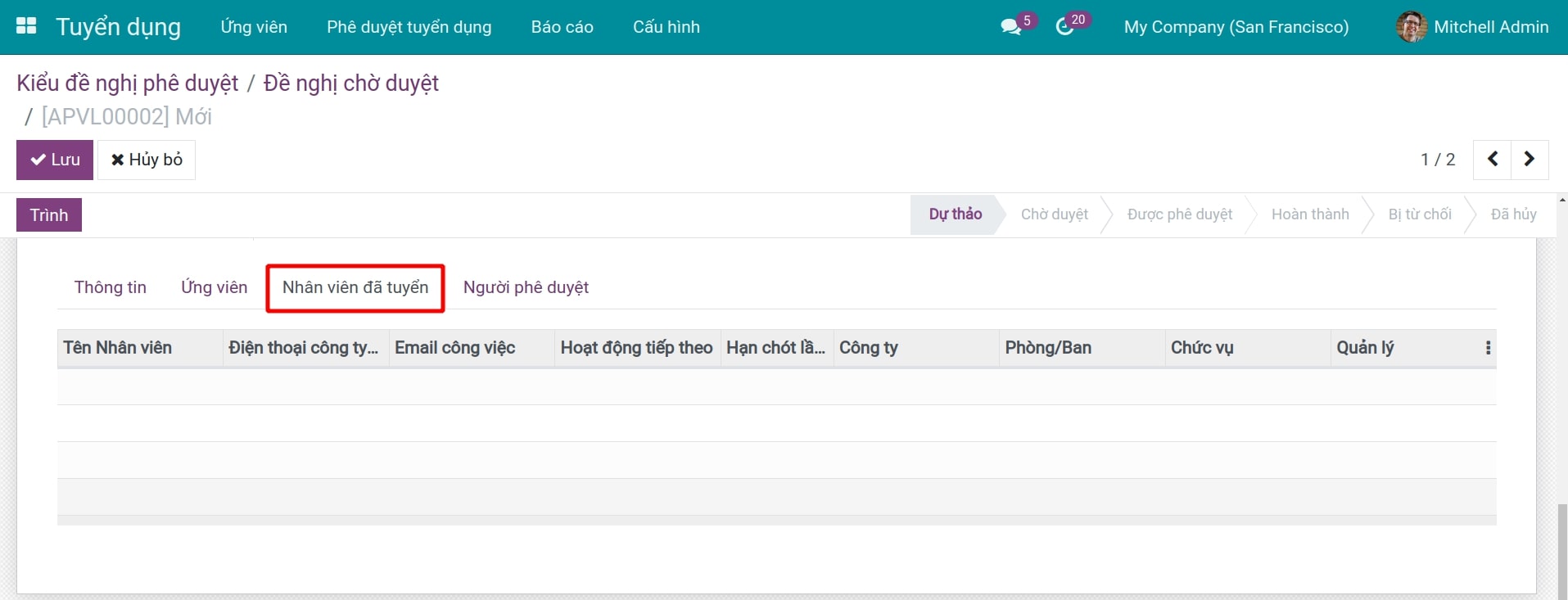 Tab nhân viên đã tuyển