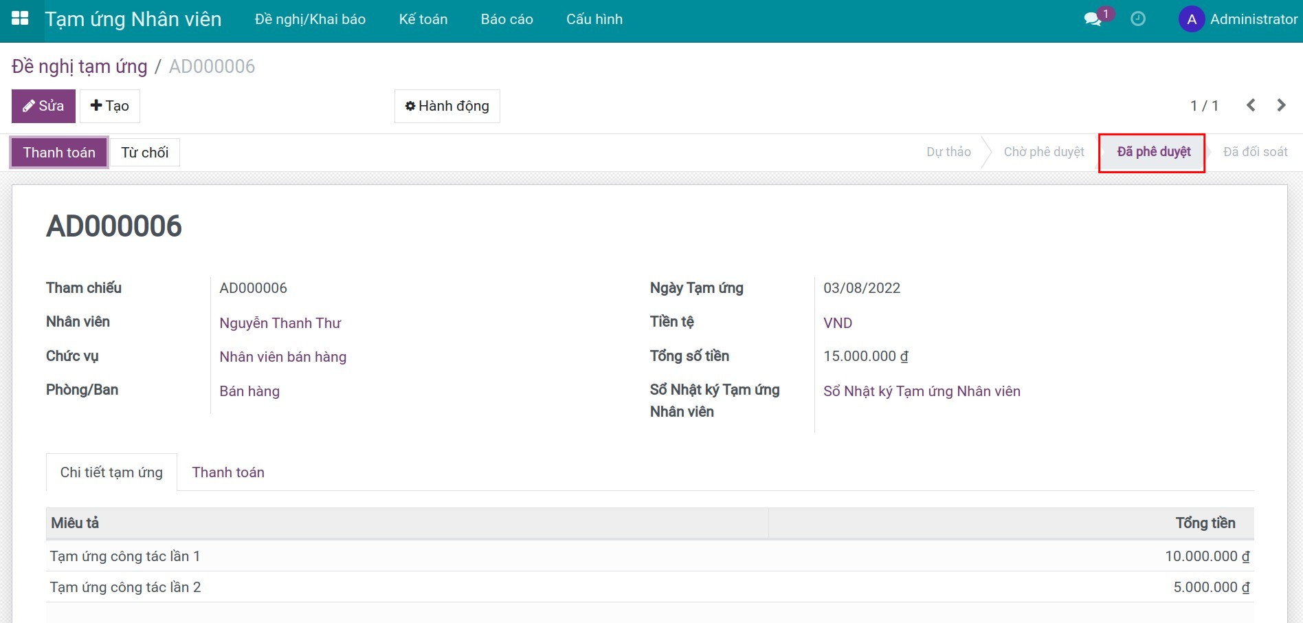 Phiếu đề nghị ở trạng thái Đã phê duyệt