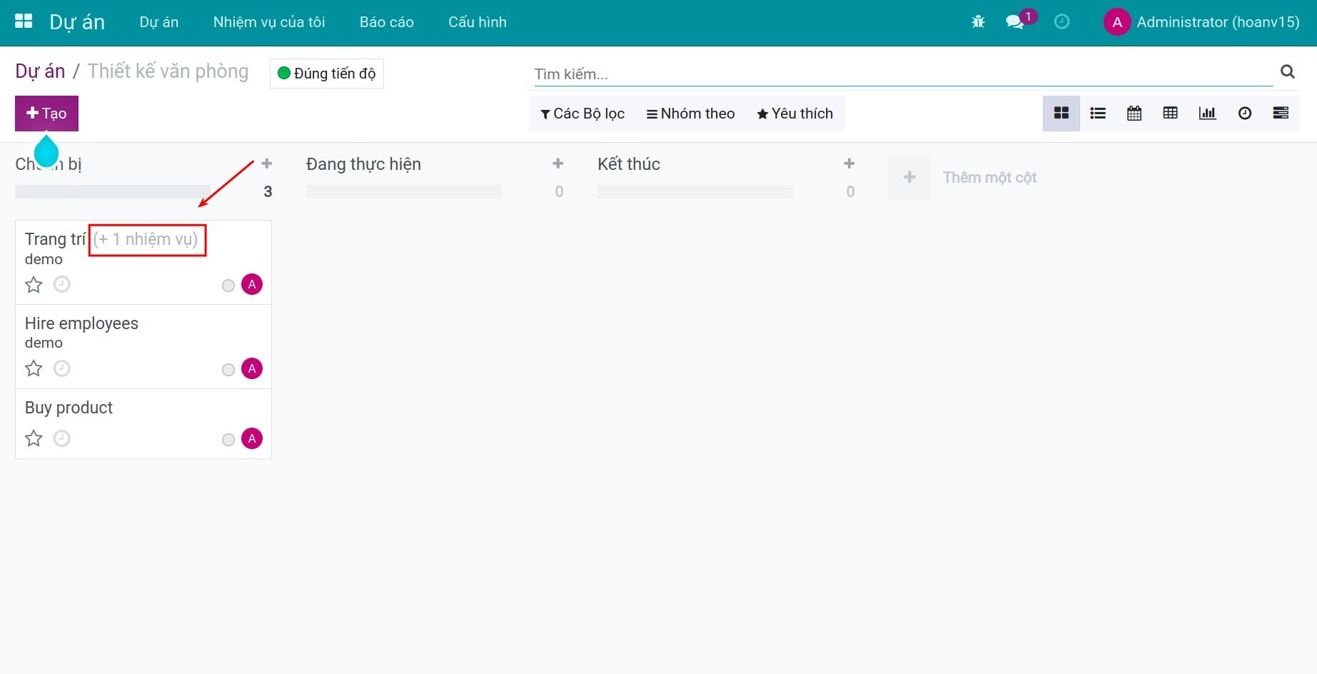 Task con trên giao diện Kanban - Viindoo