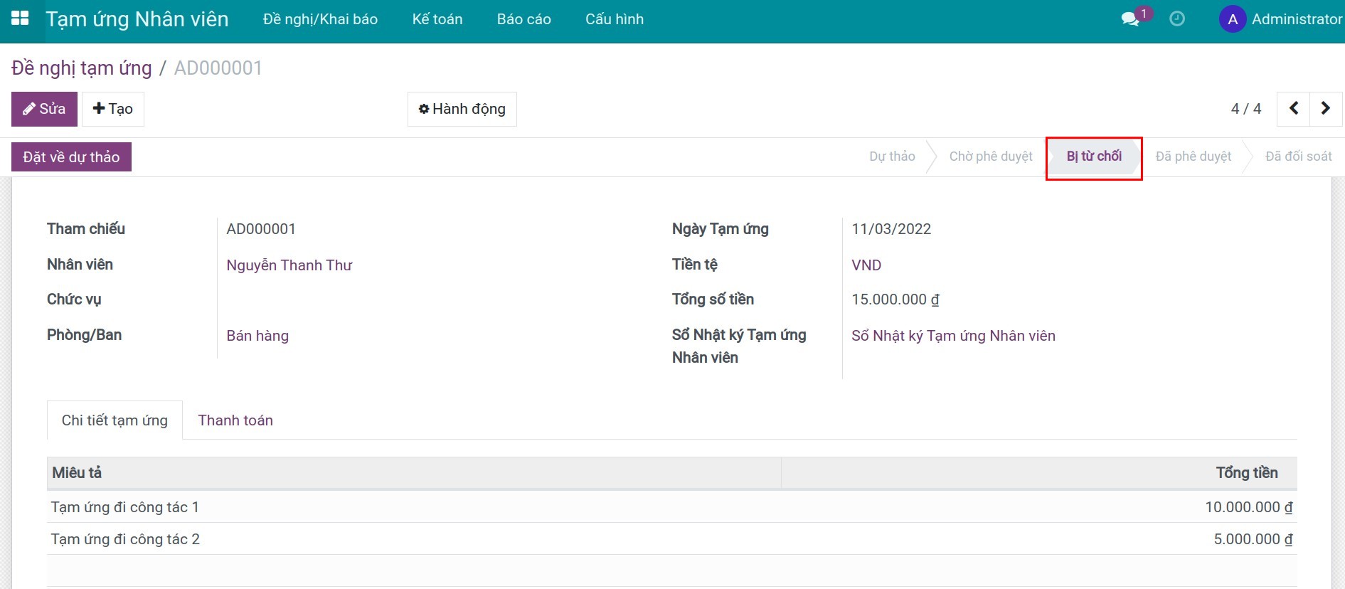Phiếu đề nghị ở trạng thái Bị từ chối