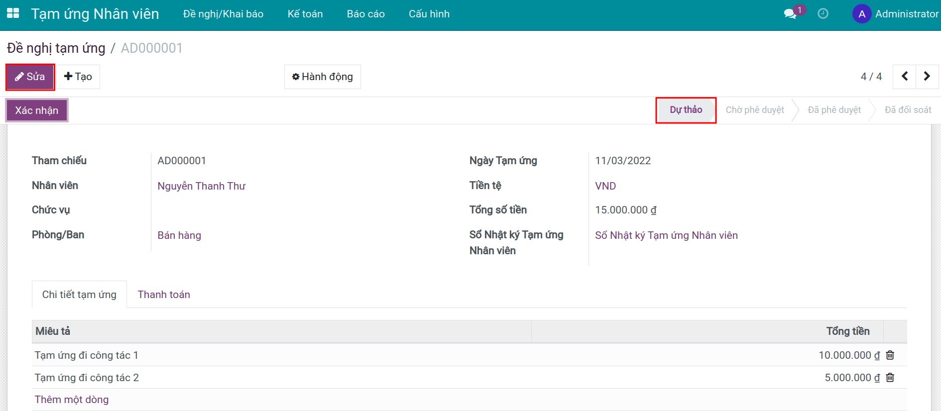 Sửa phiếu đề nghị