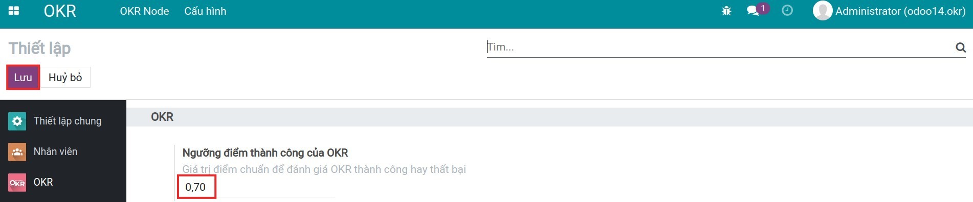 Thiết lập ngưỡng điểm thành công mặc định trên Viindoo OKR